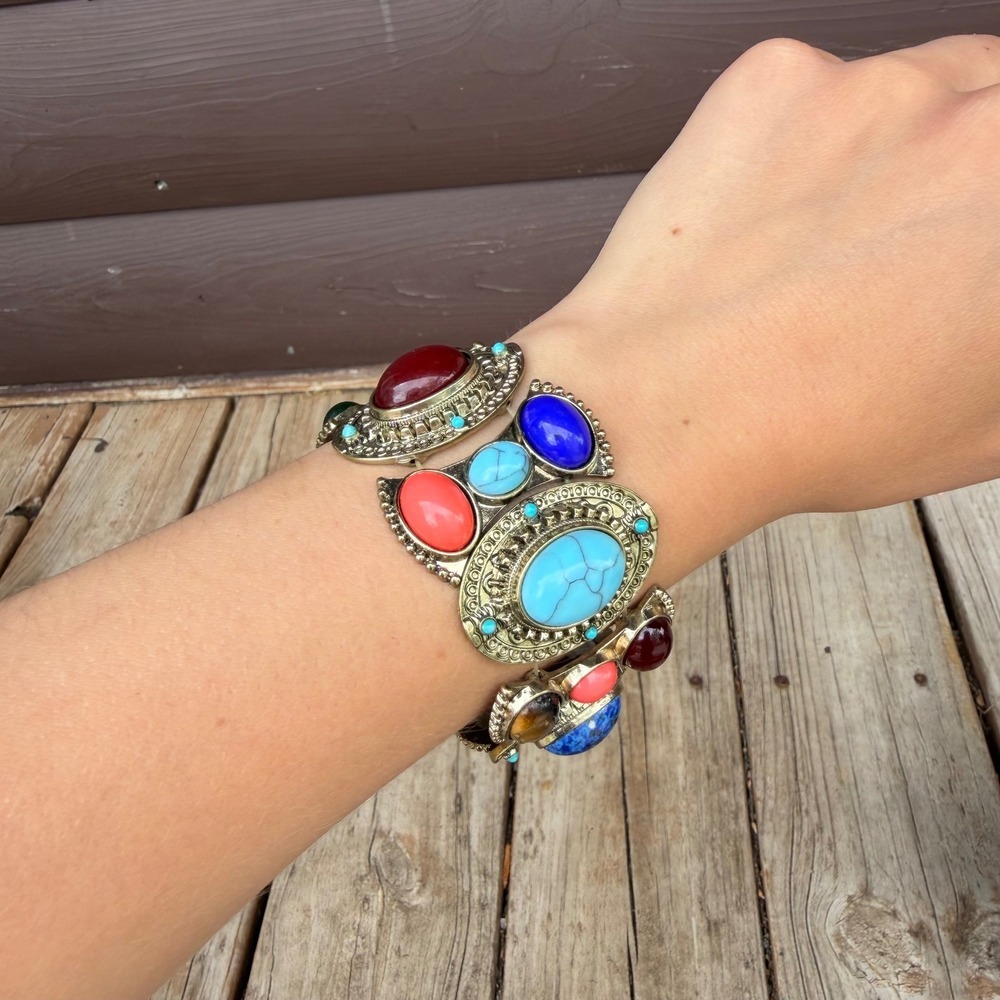 Vtg R.J. Graziano Multi-Stone Cabochon Bracelet Byzantine Revival Gold Stretch